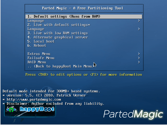 happyBoot sub-menu - Parted Magic