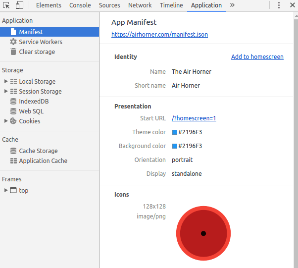 Chrome DevTools Manifest panel with Add to homescreen